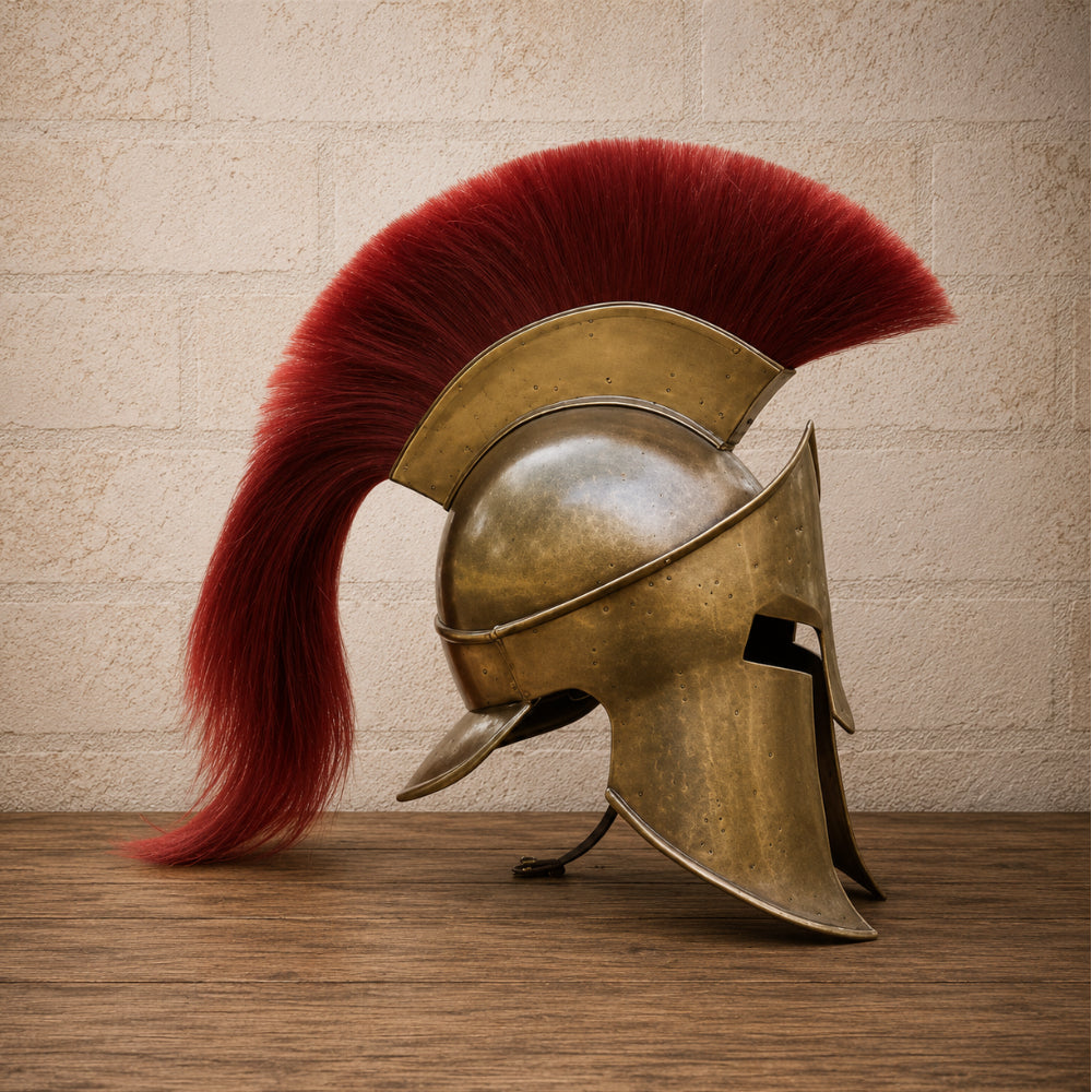 Spartan Helmet with Red Plume – King Leonidas Inspired Warrior Armor with  Wooden Display Stand