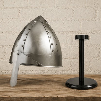 Medieval Norman Warrior Helmet with Nasal Guard and Wooden Display Stand