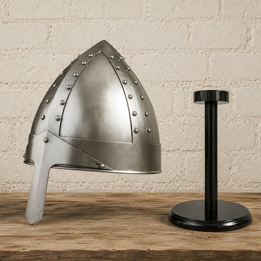 Medieval Norman Warrior Helmet with Nasal Guard and Wooden Display Stand