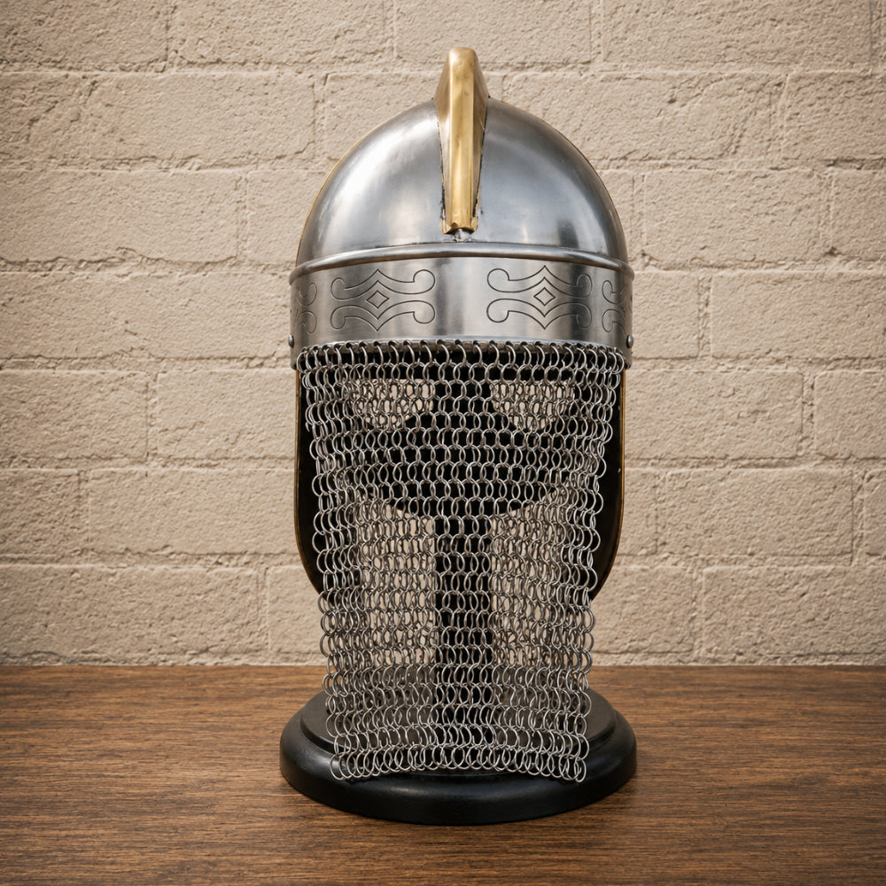 Viking Chainmail Helmet with Wooden Display Stand – Medieval Norse Warrior Armor Replica