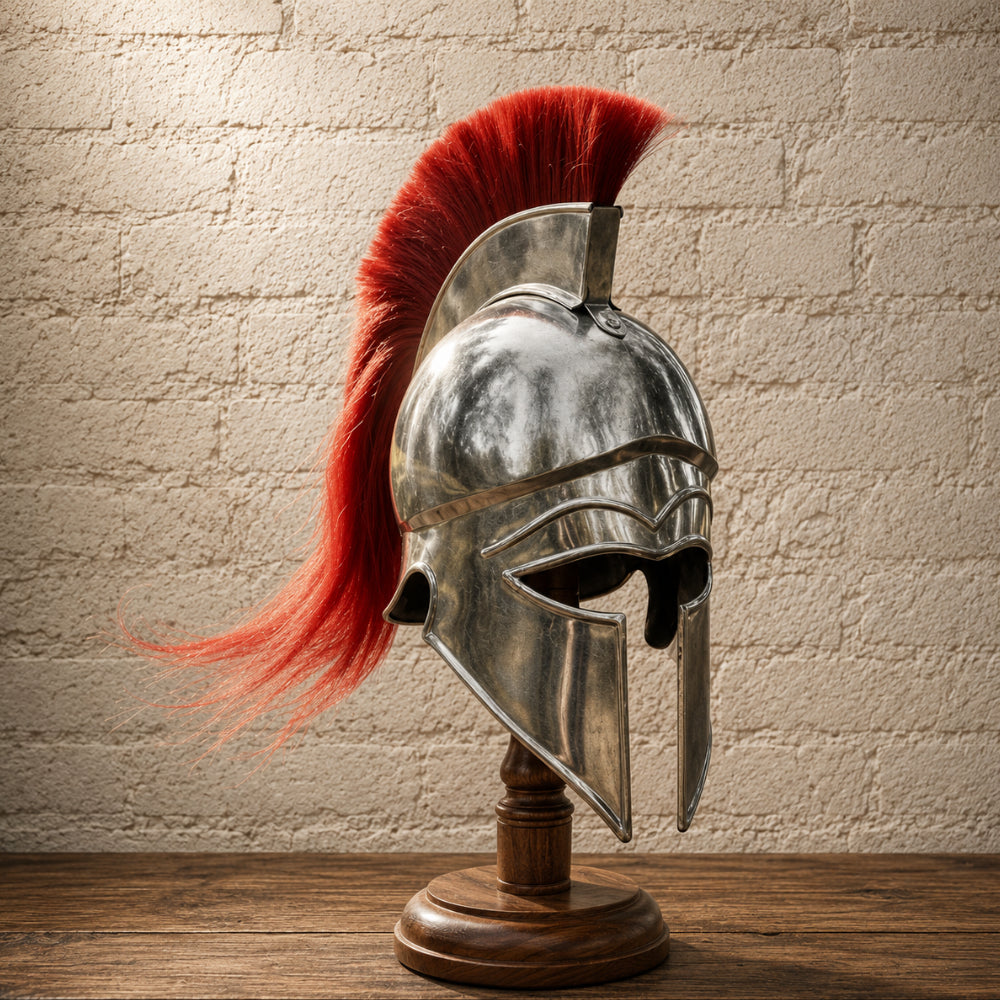 Greek Corinthian Helmet with Silver Finish & Red Plume – Ancient Warrior Display Armor