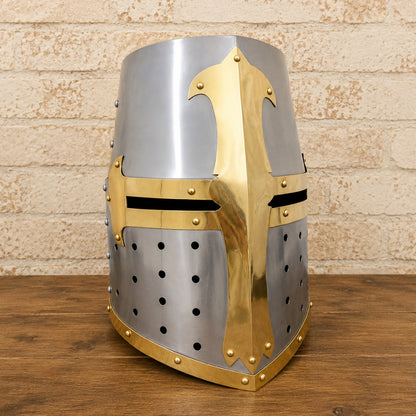 Medieval Brass Templar Crusader Helmet with Wooden Display Stand – Decorative Collectible Gift
