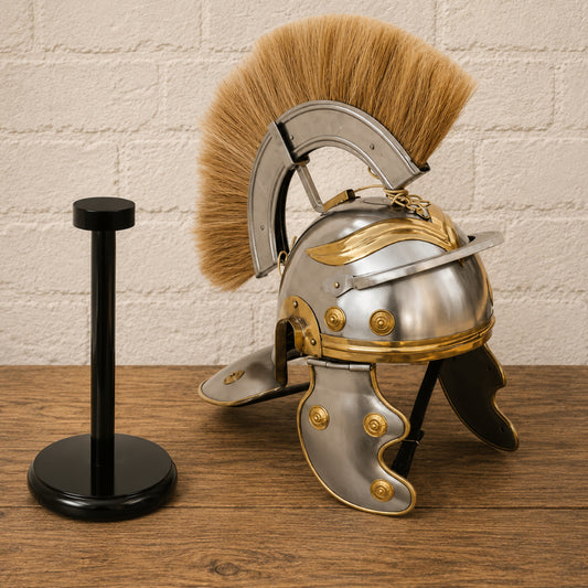 Roman Centurion Helmet with Brown Plume & Wooden Display Stand