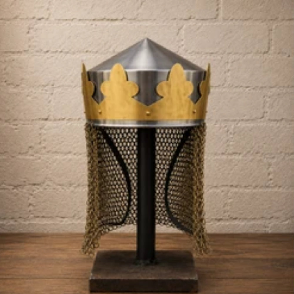 Medieval King Arthur Style Helmet with Brass-Butted Chainmail and Wooden Display Stand