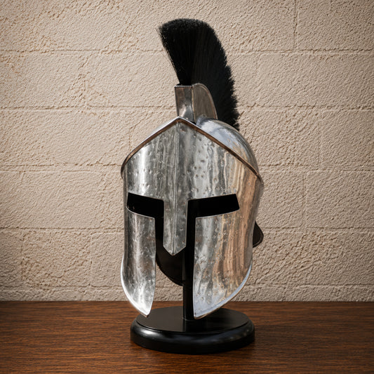 King Leonidas Spartan Helmet with Black Plume & Free Wooden Display Stand