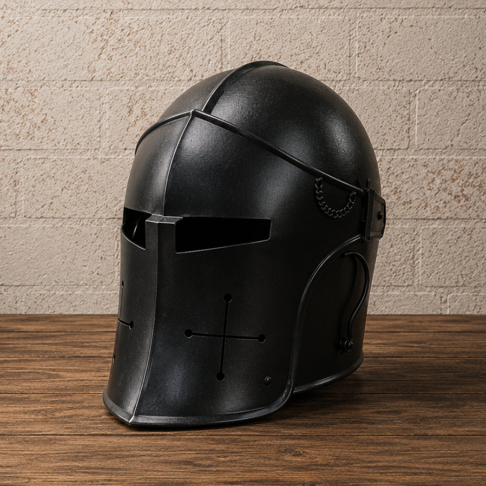 Medieval Black Barbute Helmet with Cross Ventilation – Wearable Knight Armor Replica