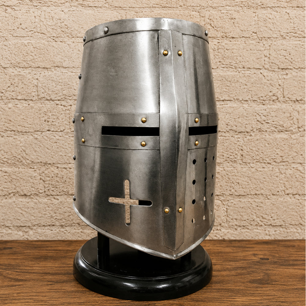 Medieval Knight Helmet with Wooden Display Stand – Silver Armor Replica