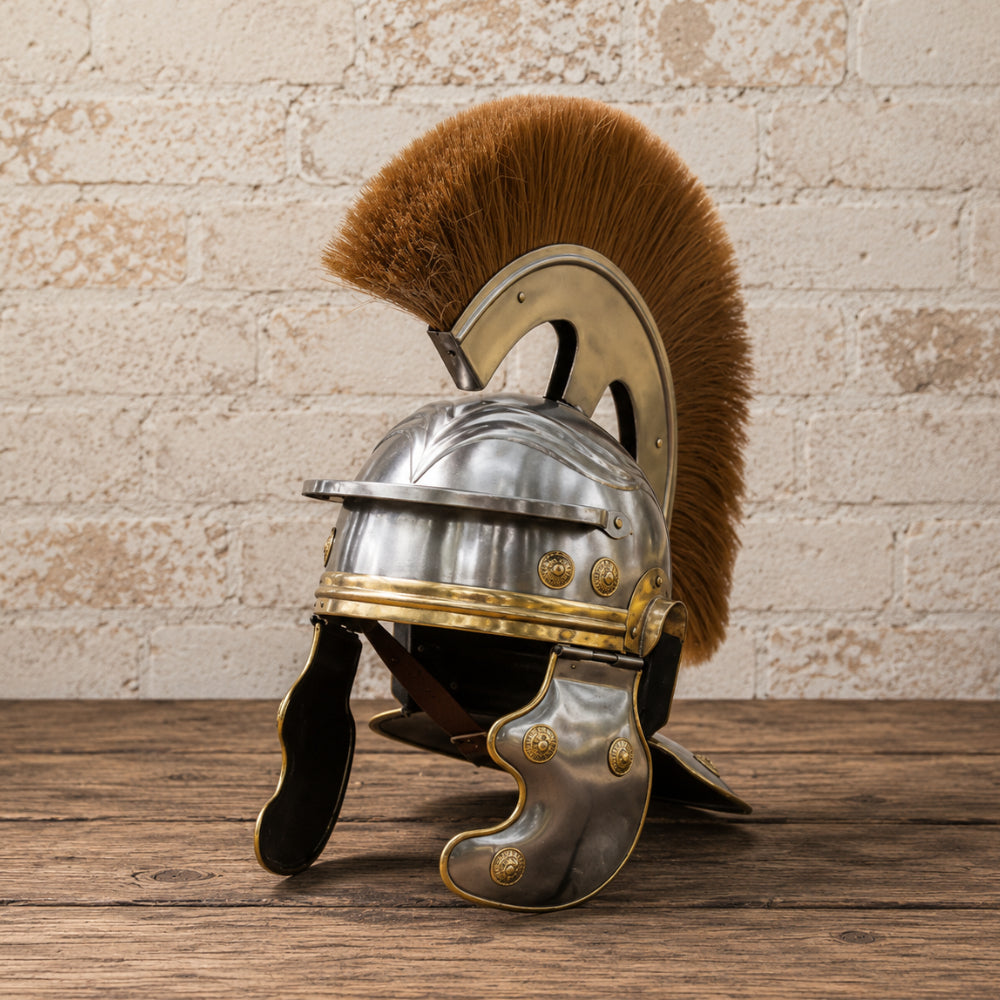 Roman Centurion Helmet with Brown Plume & Complimentary Wooden Display Stand
