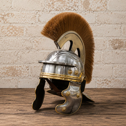 Roman Centurion Helmet with Brown Plume & Complimentary Wooden Display Stand