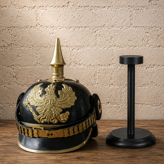 German Pickelhaube Black Officer Helmet with Wooden Display Stand