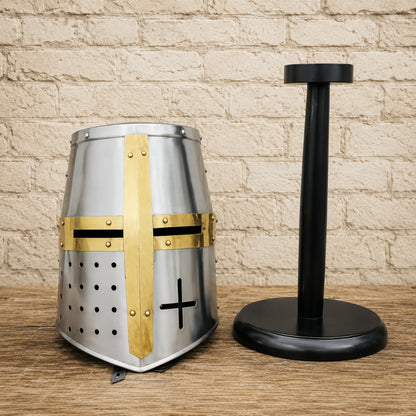 Medieval Templar Crusader Helmet with Complimentary Wooden Display Stand