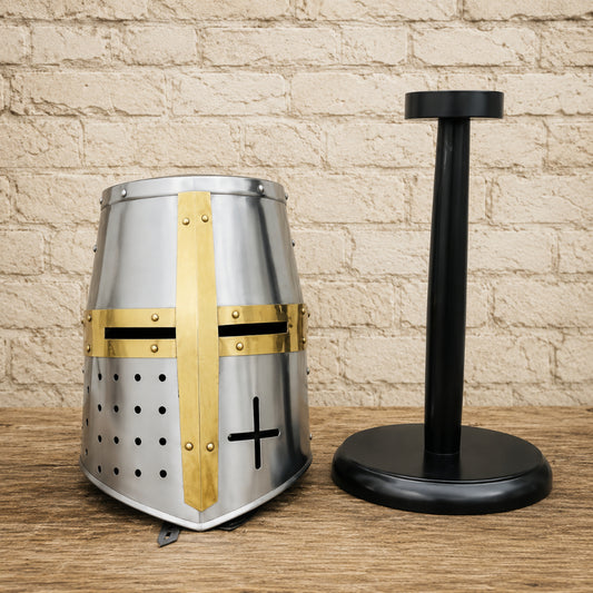 Medieval Templar Crusader Helmet with Complimentary Wooden Display Stand