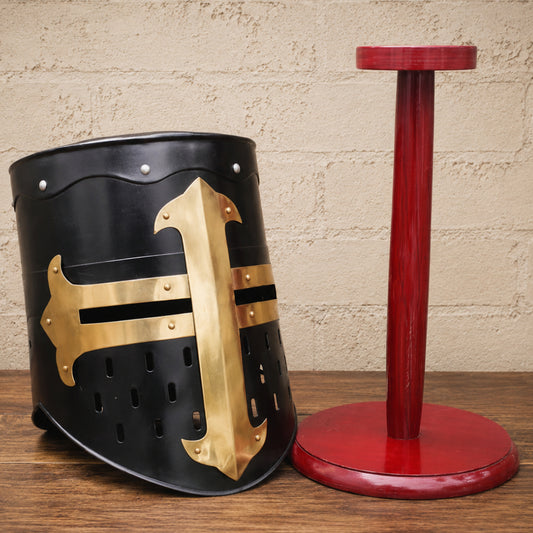 Medieval Crusader Helmet with Wooden Display Stand – Black Knight Armor