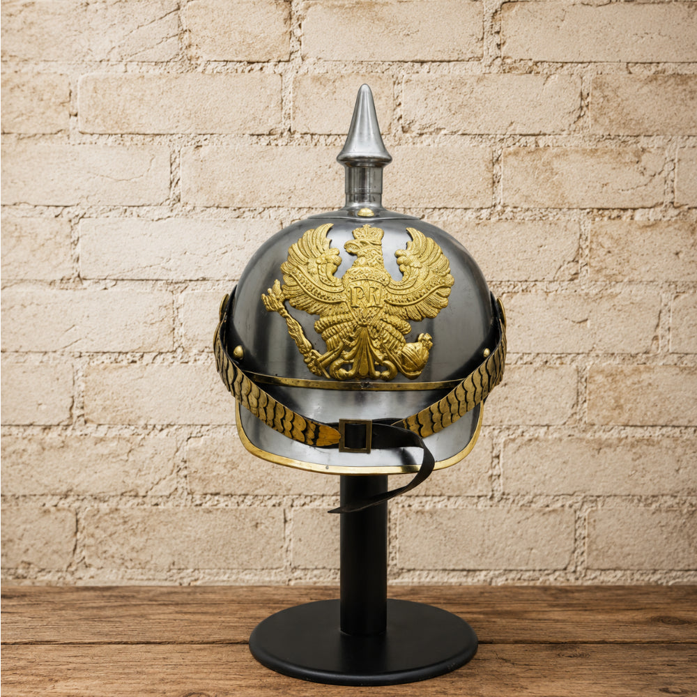 German Pickelhaube Helmet with Wooden Display Stand – Historic Military Replica
