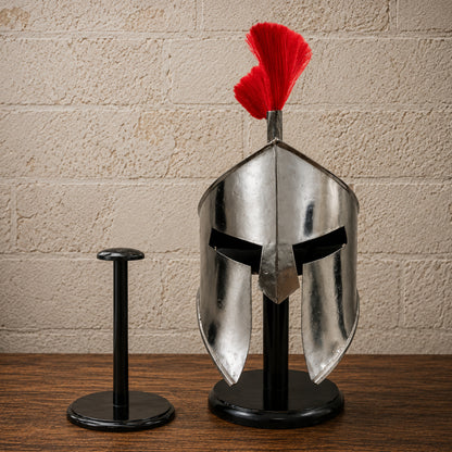 King Leonidas Spartan Helmet with Red Crest Plume – Greek Warrior Armor Replica & Wooden Stand