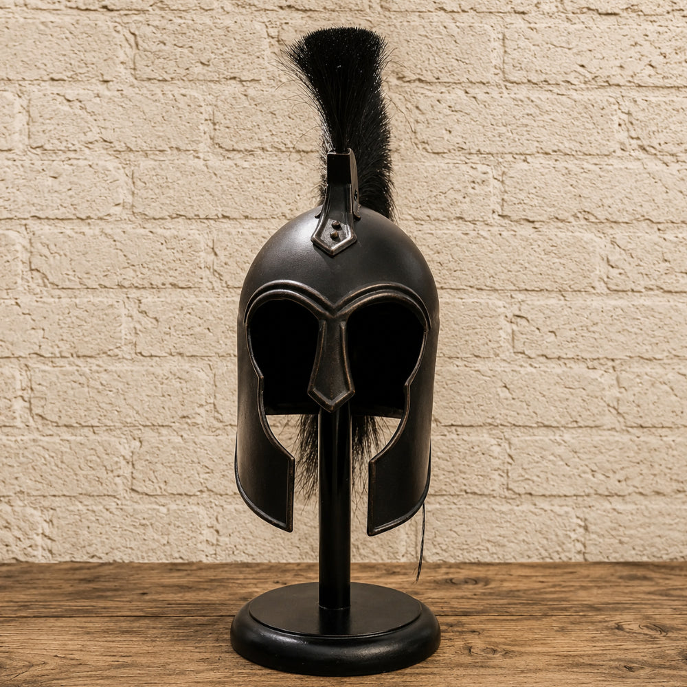 Medieval Achilles Troy Black Helmet with Wooden Display Stand