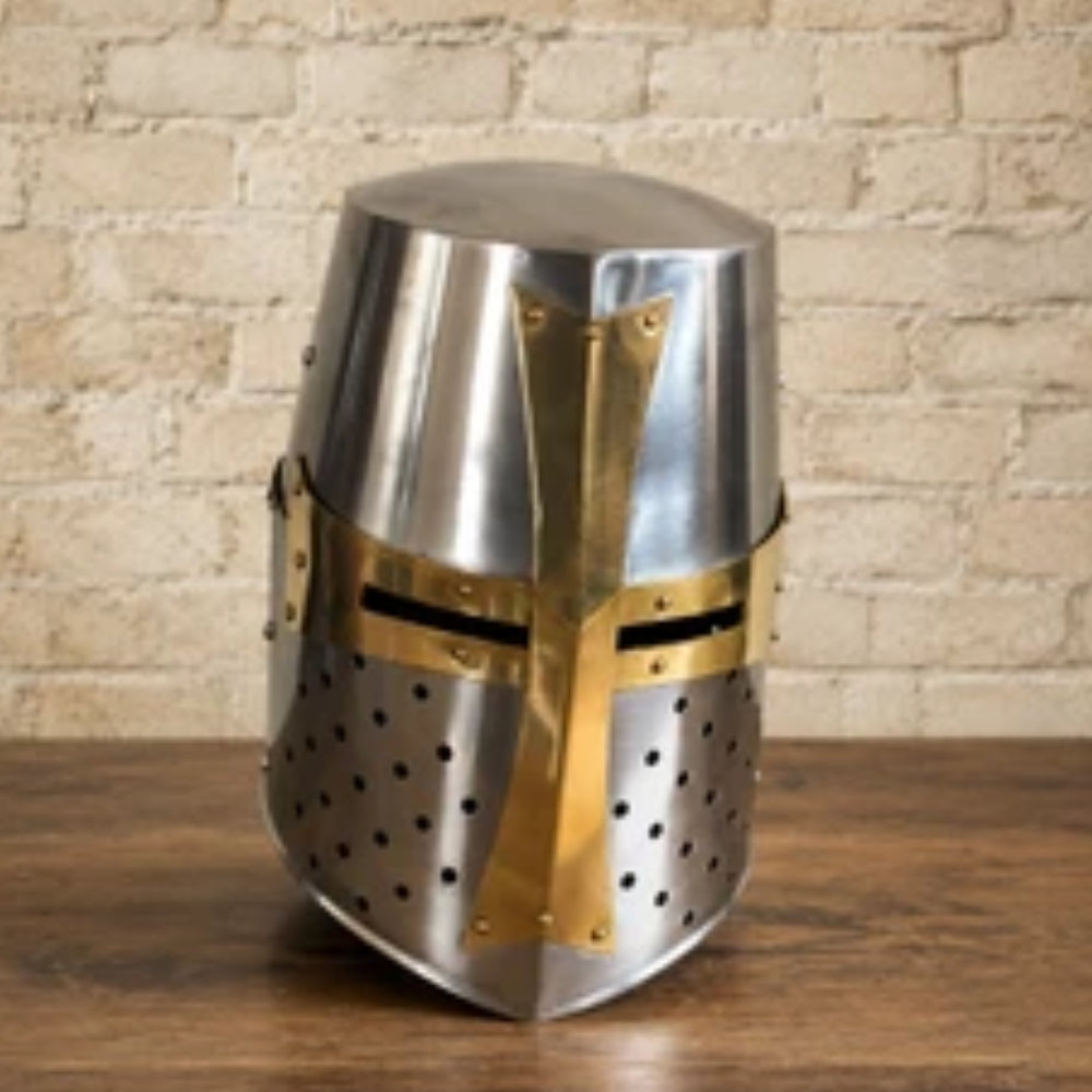 Templar Crusader Knight Helmet – Medieval Steel Armor with Wooden Display Stand