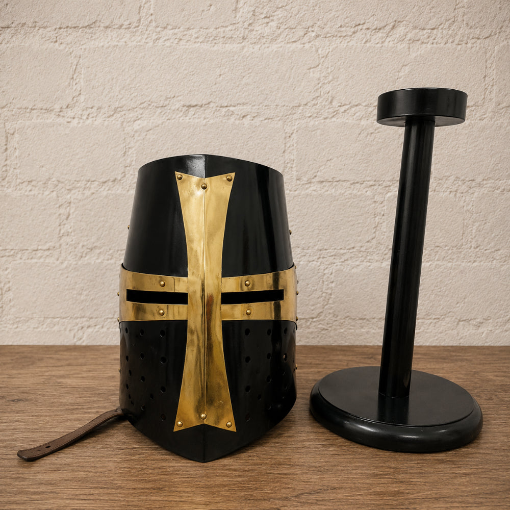 Medieval Templar Crusader Helmet with Wooden Display Stand