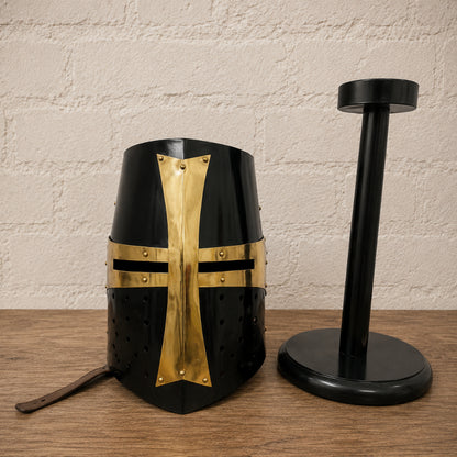 Medieval Templar Crusader Helmet with Wooden Display Stand