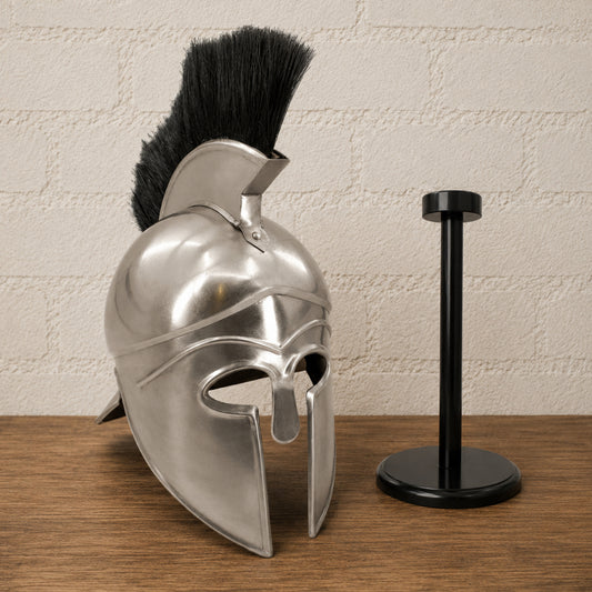 Greek Warrior Helmet with Black Plume & Wooden Display Stand