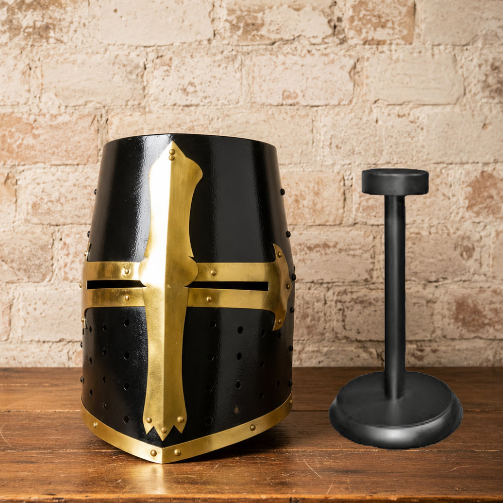 Templar Crusader Knight Helmet – Black Medieval Great Helm with Brass Accents & Display Stand