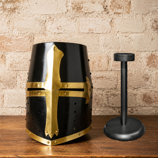 Templar Crusader Knight Helmet – Black Medieval Great Helm with Brass Accents & Display Stand