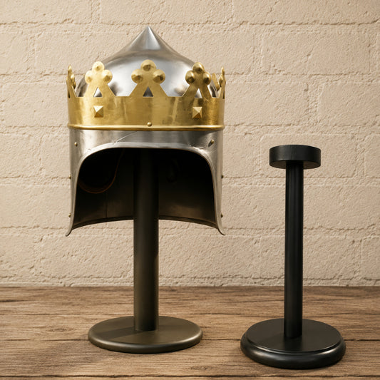 King Richard the Lionheart Helmet with Wooden Display Stand – Medieval Crusader Armor Replica