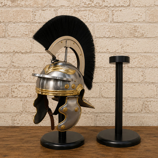 Roman Gladiator Helmet with Black Plume & Wooden Display Stand