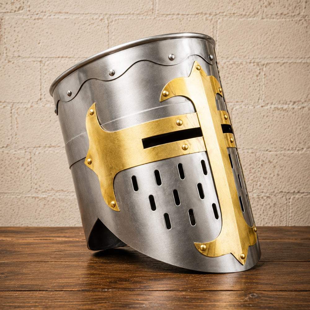 Templar Knight Helmet with Wooden Display Stand – Medieval Crusader Armor