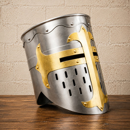 Templar Knight Helmet with Wooden Display Stand – Medieval Crusader Armor