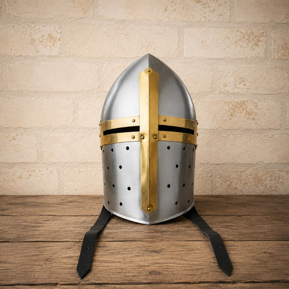 Medieval Sugarloaf Knight Helmet – Steel & Brass Crusader Armor Helmet with Display Stand