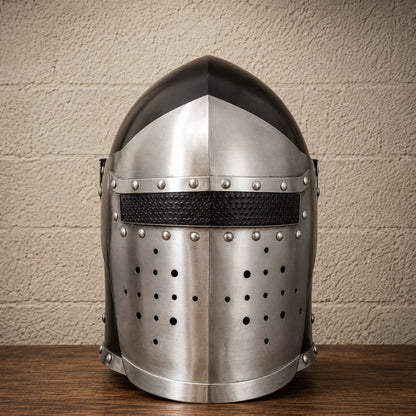 Medieval Barbuta Helmet with Inner Leather Liner & Wooden Display Stand