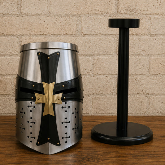 Crusader Templar Knight Helmet in Silver Steel with Black Cross & Wooden Display Stand