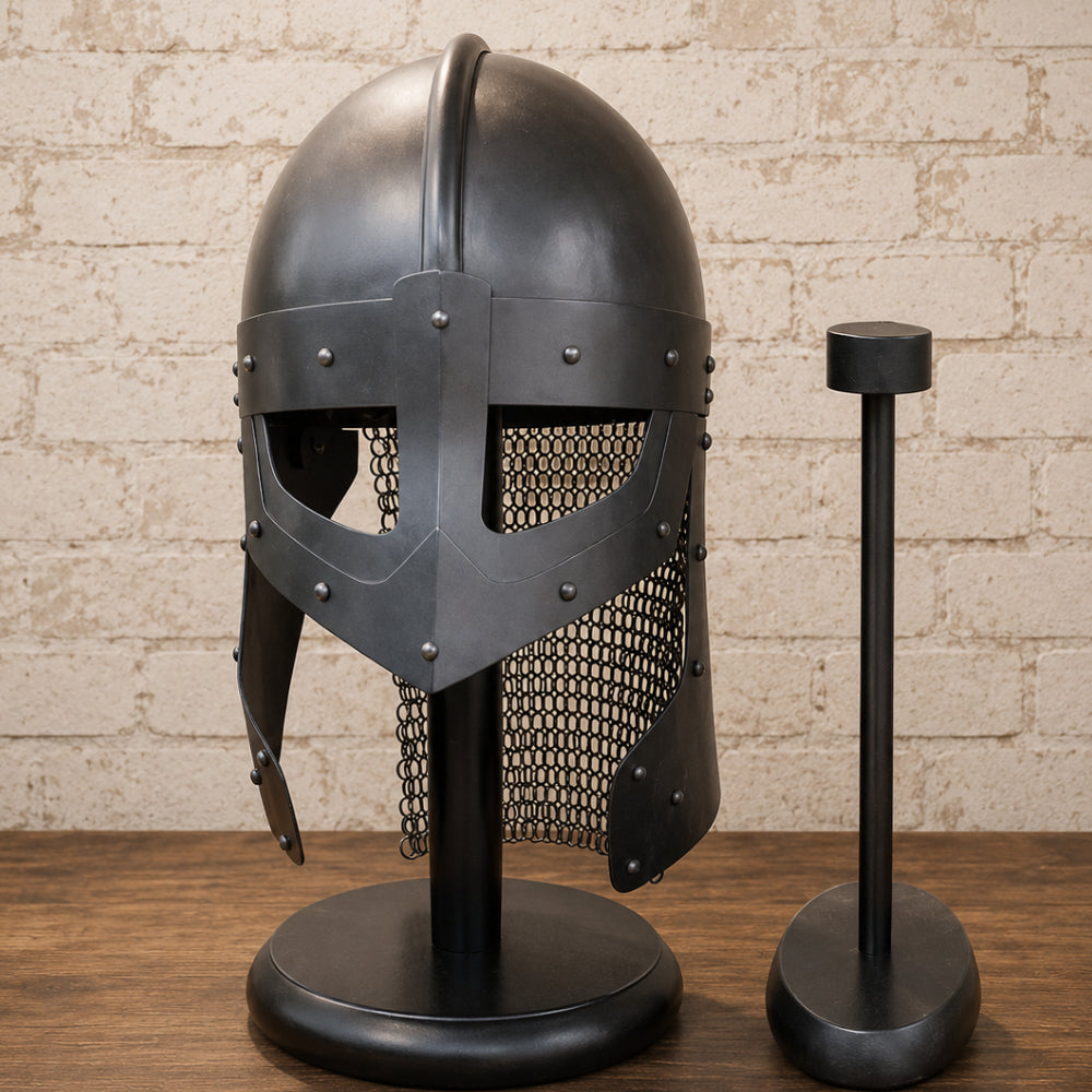 Medieval Raven Viking Helmet with Chainmail Coif & Wooden Display Stand – Norman Knight Armor Replica