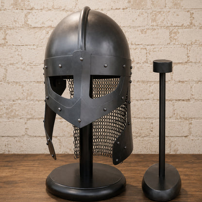 Medieval Raven Viking Helmet with Chainmail Coif & Wooden Display Stand – Norman Knight Armor Replica