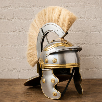 Roman Centurion Helmet with Brown Plume & Wooden Display Stand