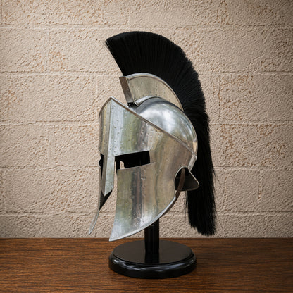King Leonidas Spartan Helmet with Black Plume & Free Wooden Display Stand