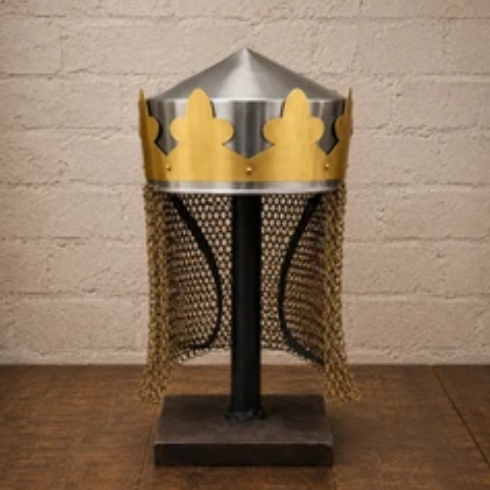 Medieval King Arthur Style Helmet with Brass-Butted Chainmail and Wooden Display Stand