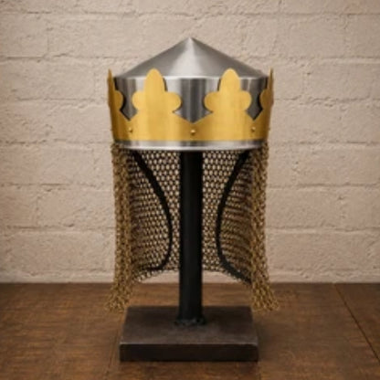 Medieval King Arthur Style Helmet with Brass-Butted Chainmail and Wooden Display Stand