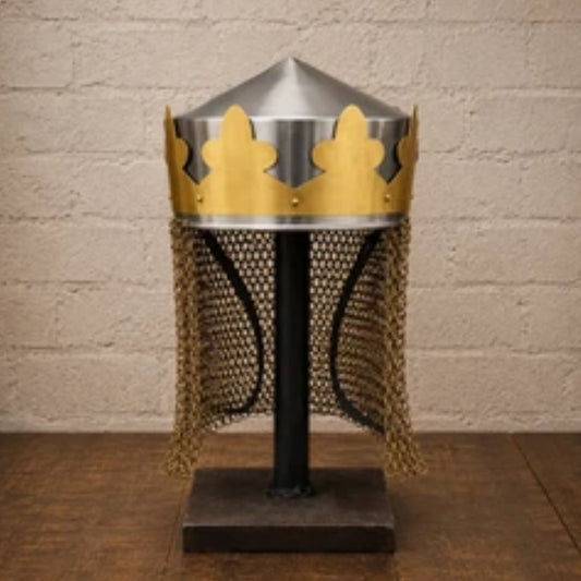 Medieval King Arthur Style Helmet with Brass-Butted Chainmail and Wooden Display Stand