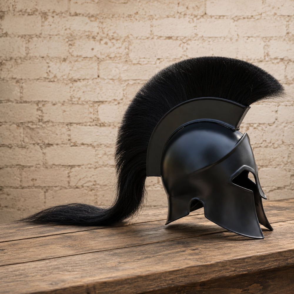 Greek Corinthian Helmet Replica with Wooden Display Stand – Ancient Warrior Armor Collectible