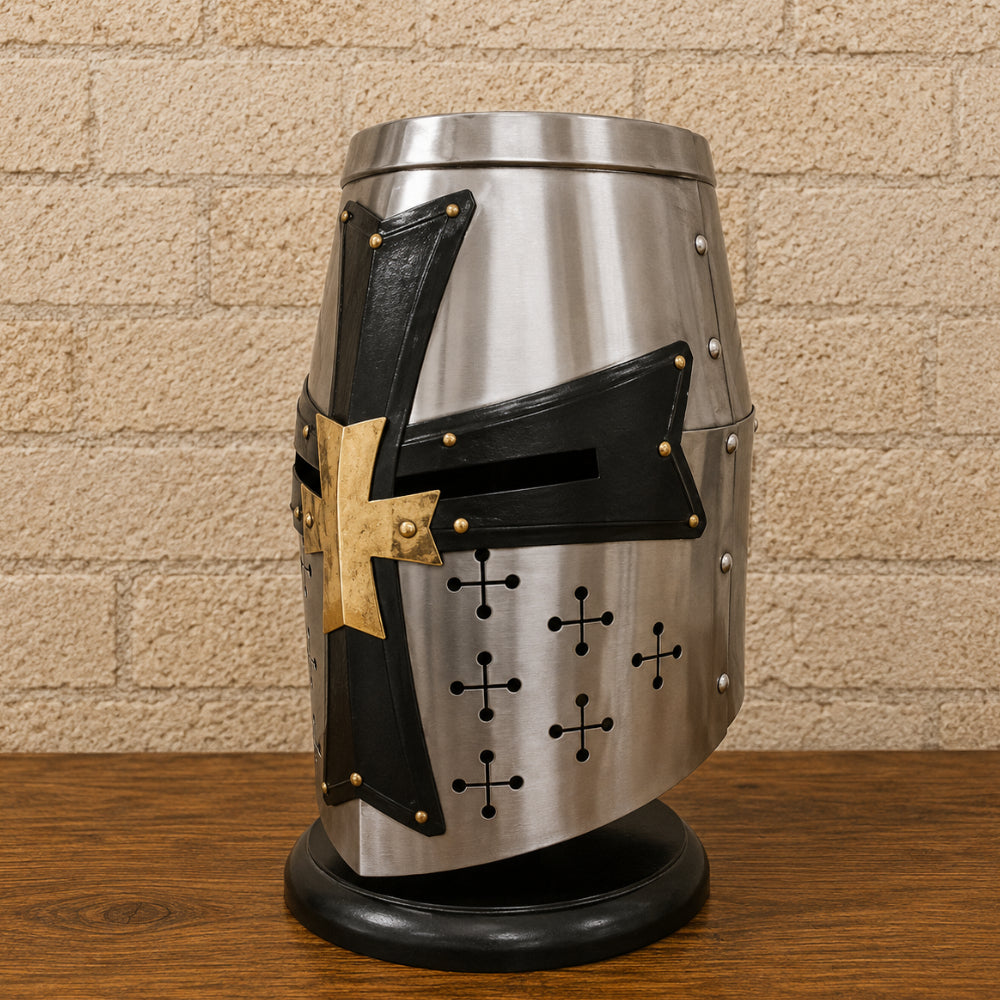 Crusader Templar Knight Helmet in Silver Steel with Black Cross & Wooden Display Stand