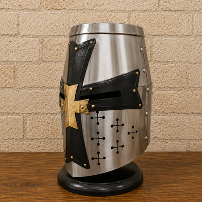 Crusader Templar Knight Helmet in Silver Steel with Black Cross & Wooden Display Stand