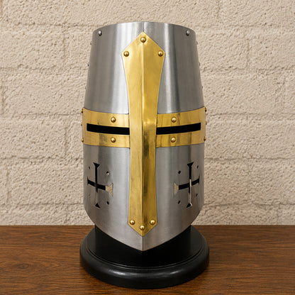 Templar Crusader Knight Helmet with Wooden Display Stand – Silver Medieval Helmet