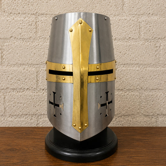 Templar Crusader Knight Helmet with Wooden Display Stand – Silver Medieval Helmet