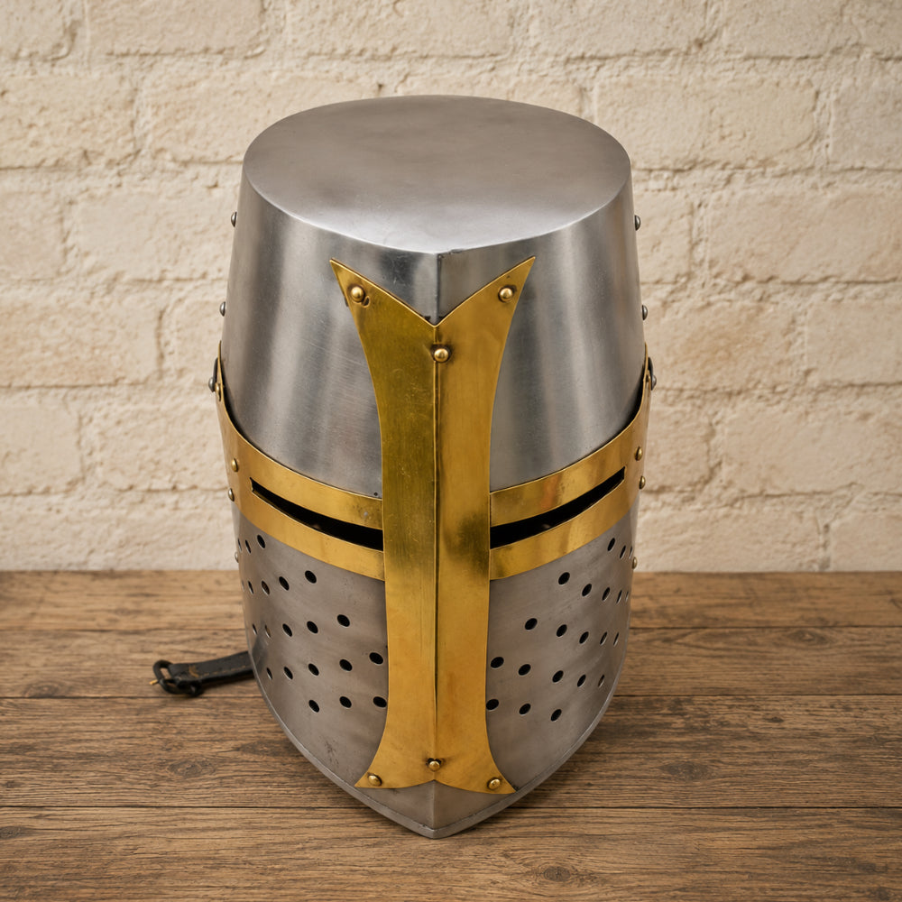 Templar Crusader Knight Helmet – Medieval Steel Armor with Wooden Display Stand