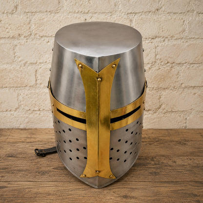 Templar Crusader Knight Helmet – Medieval Steel Armor with Wooden Display Stand