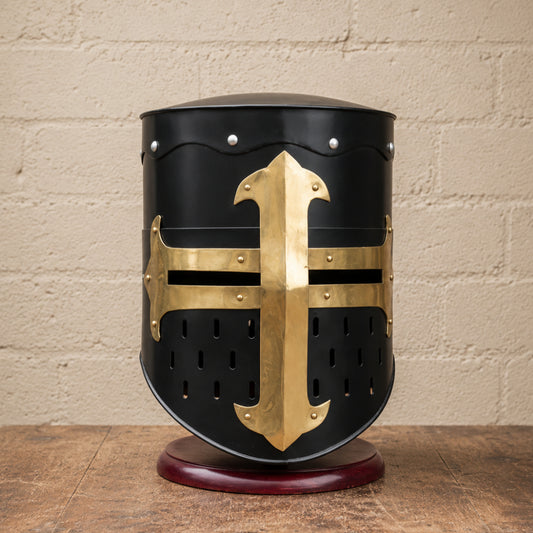 Medieval Crusader Helmet with Wooden Display Stand – Black Knight Armor