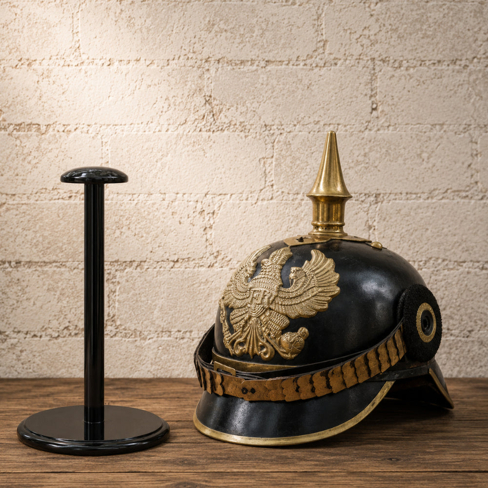 German Pickelhaube Black Officer Helmet with Wooden Display Stand
