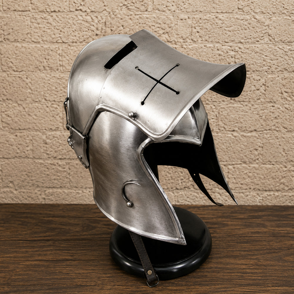 Medieval Barbuta Helmet with Wooden Display Stand – Silver Knight Armor Replica